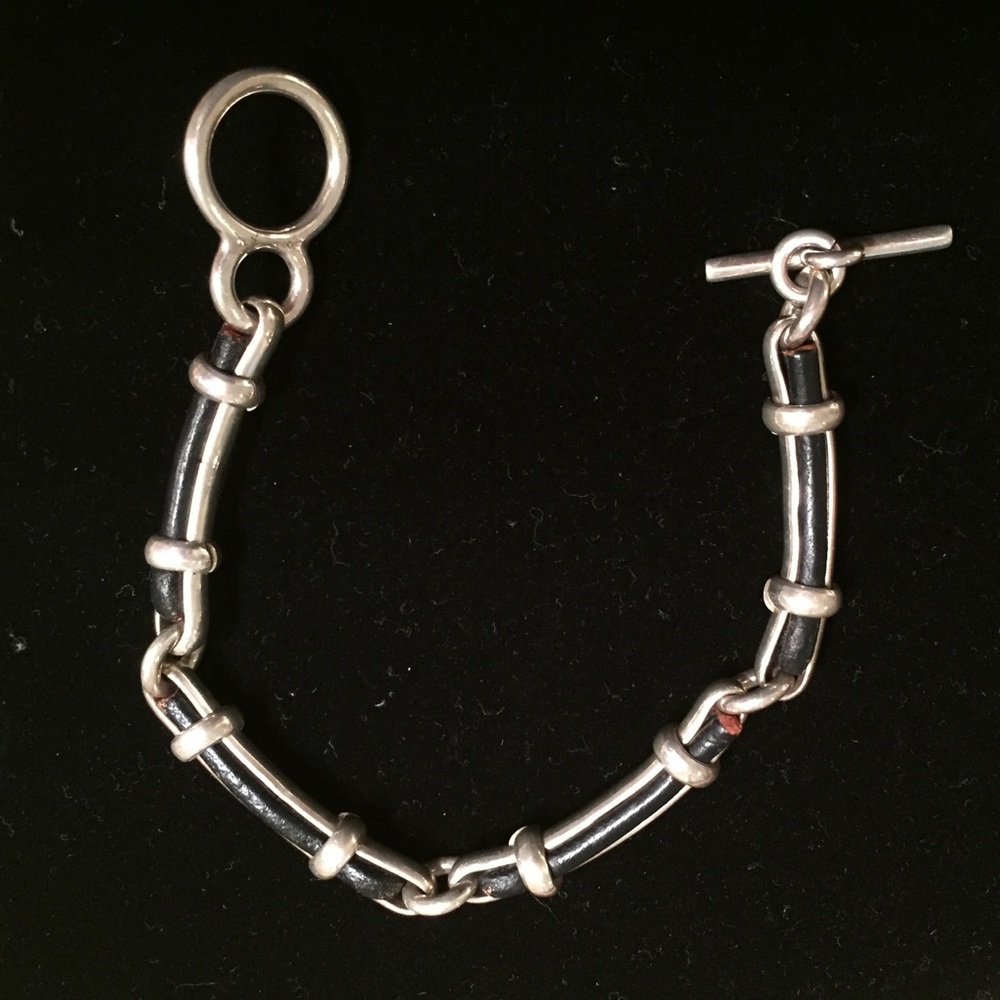 Sterling silver and black leather link bracelet